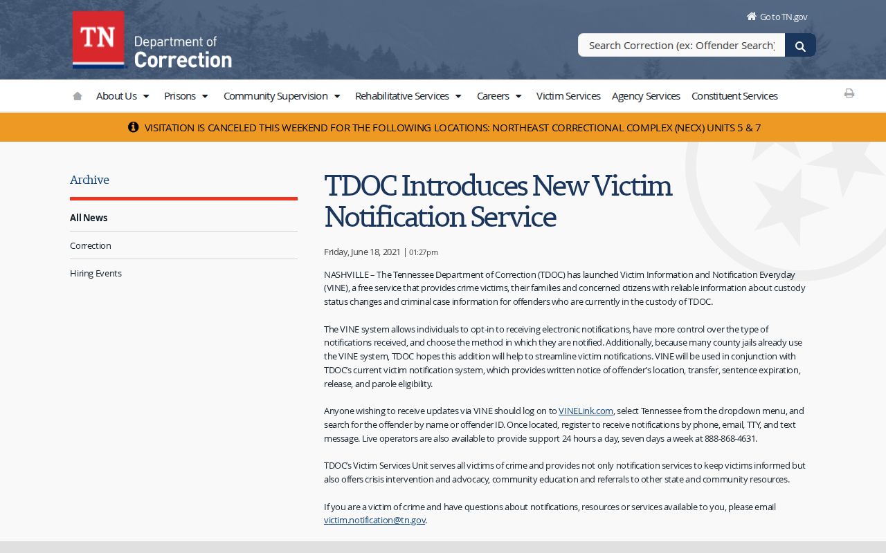 TDOC VINE notification channels for Rutherford County inmate release alerts